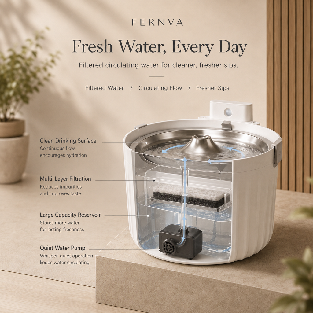 FERNVA Large Cat Water Fountain – 2L Automatic Pet Drinking Fountain with Dual Power & Filtered Circulating Water System