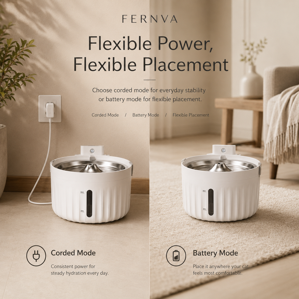 FERNVA Large Cat Water Fountain – 2L Automatic Pet Drinking Fountain with Dual Power & Filtered Circulating Water System